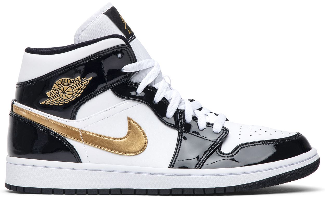 Air Jordan 1 Mid Patent Black White Gold