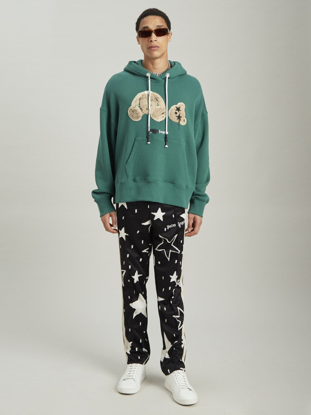 Palm Angels Bear Print Sprayed Logo Hoodie Green/Brown